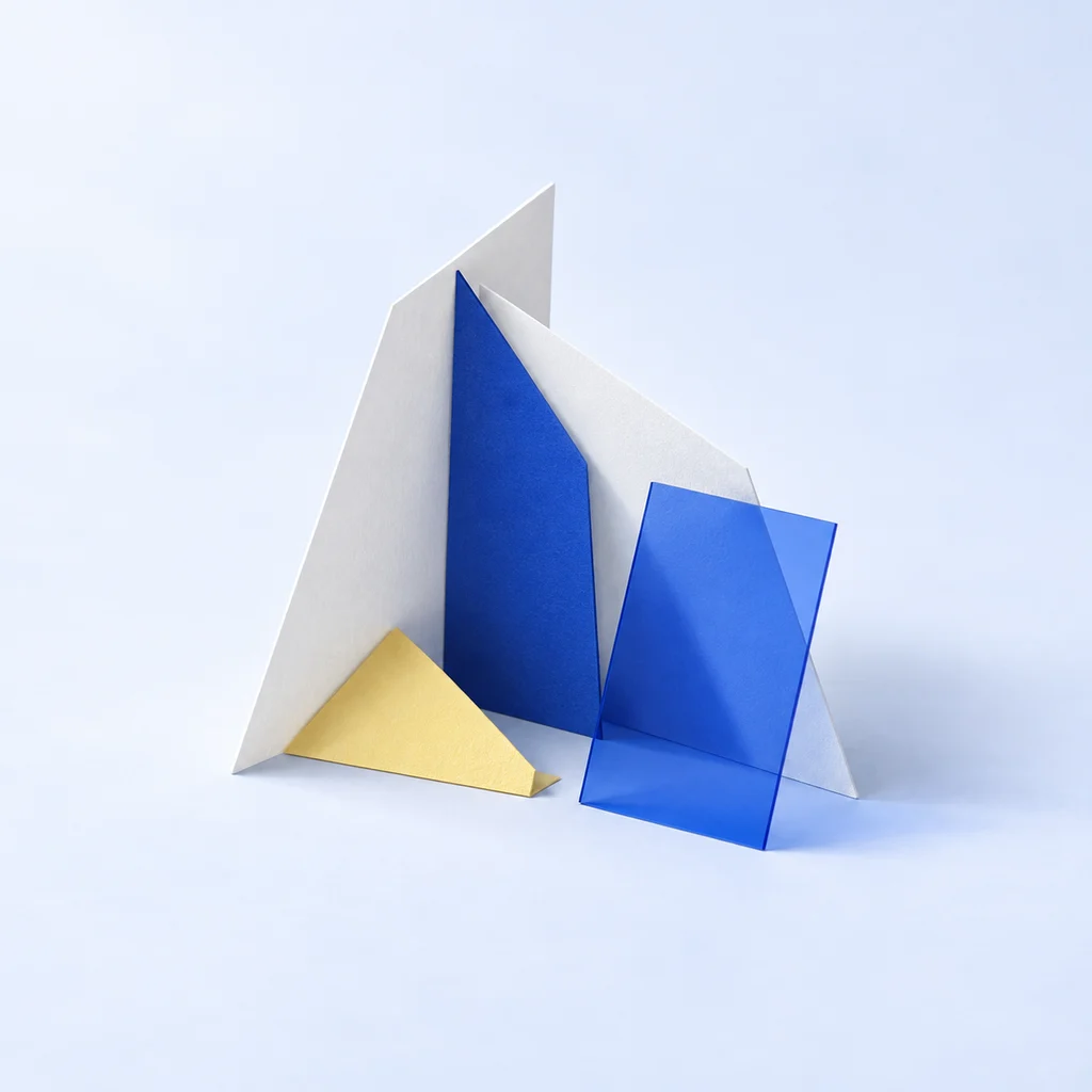 Blue and pale-yellow paper forms arranged into a small exploratory construction.