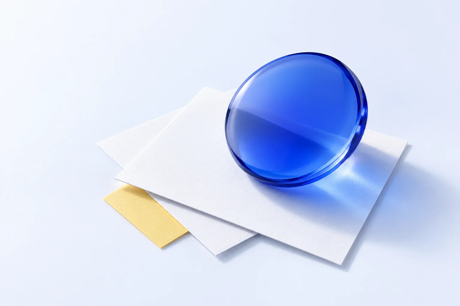 A cobalt optical lens over pale paper planes in soft daylight.